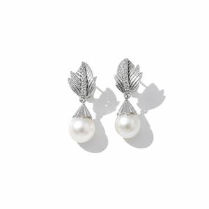 Boucles d’oreilles - Feuillage - Or blanc - Diamants et perles de culture