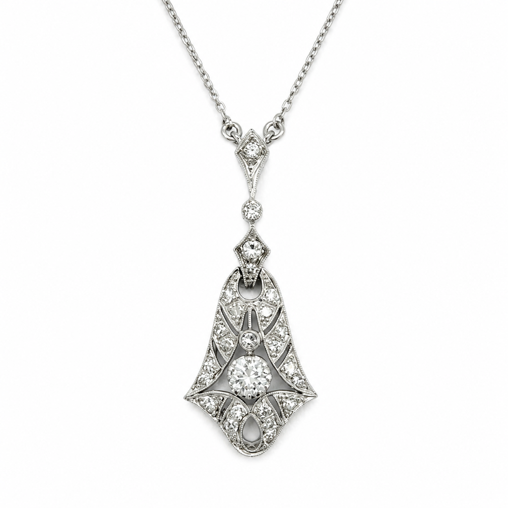 Art Déco - Collier Pendentif - Or blanc et Diamants