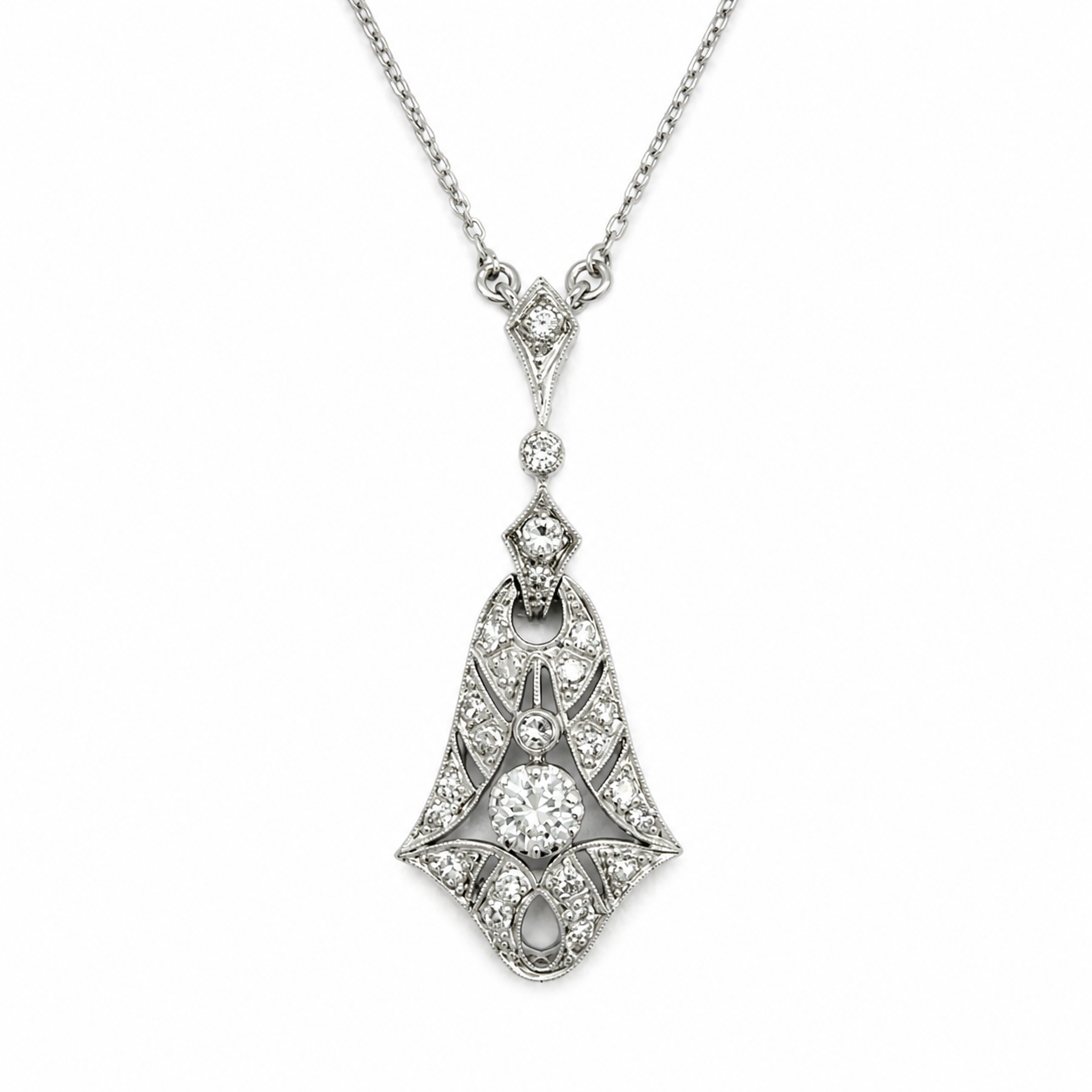 Art Déco - Collier Pendentif - Or blanc et Diamants