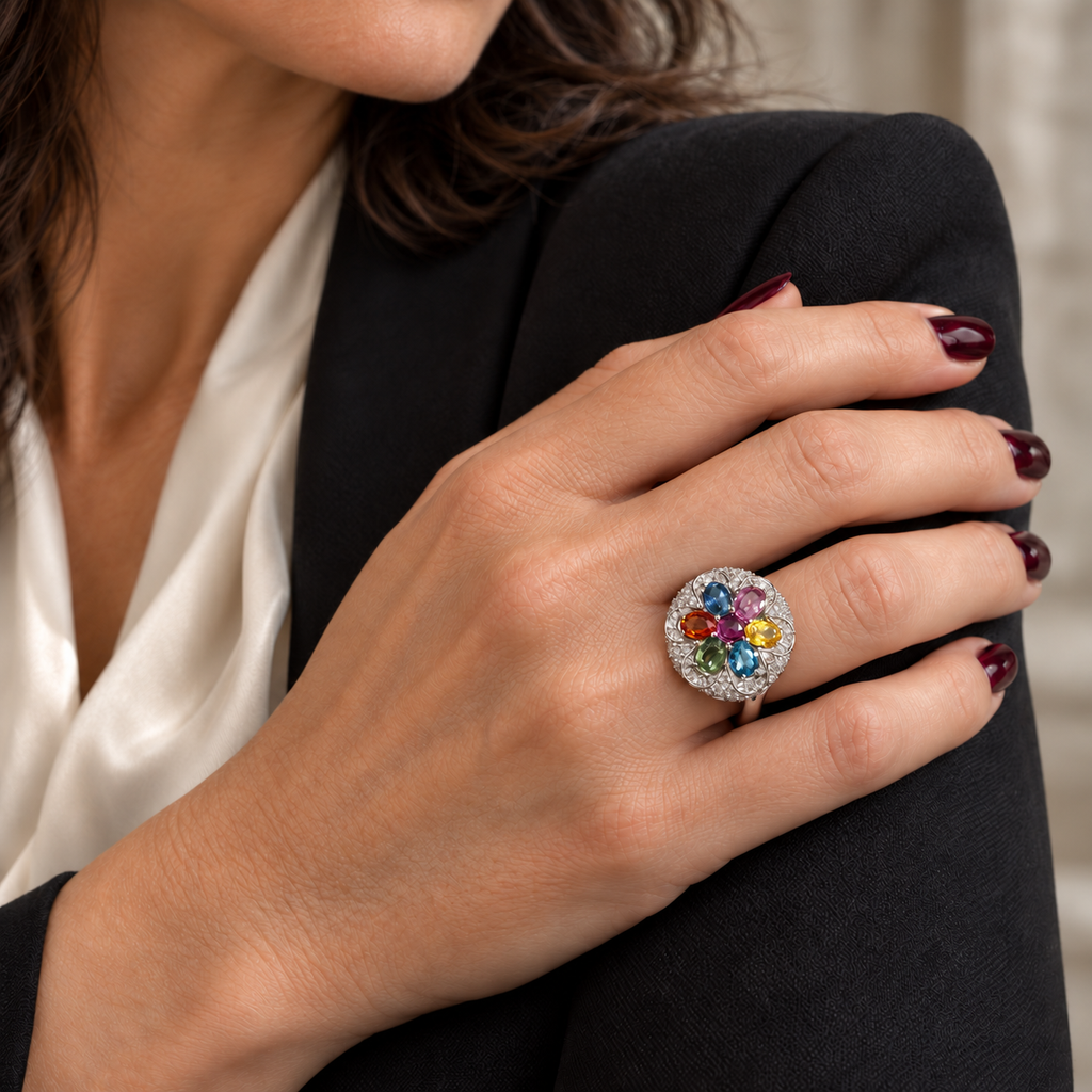 Bague Dôme Or blanc Saphirs et Diamants