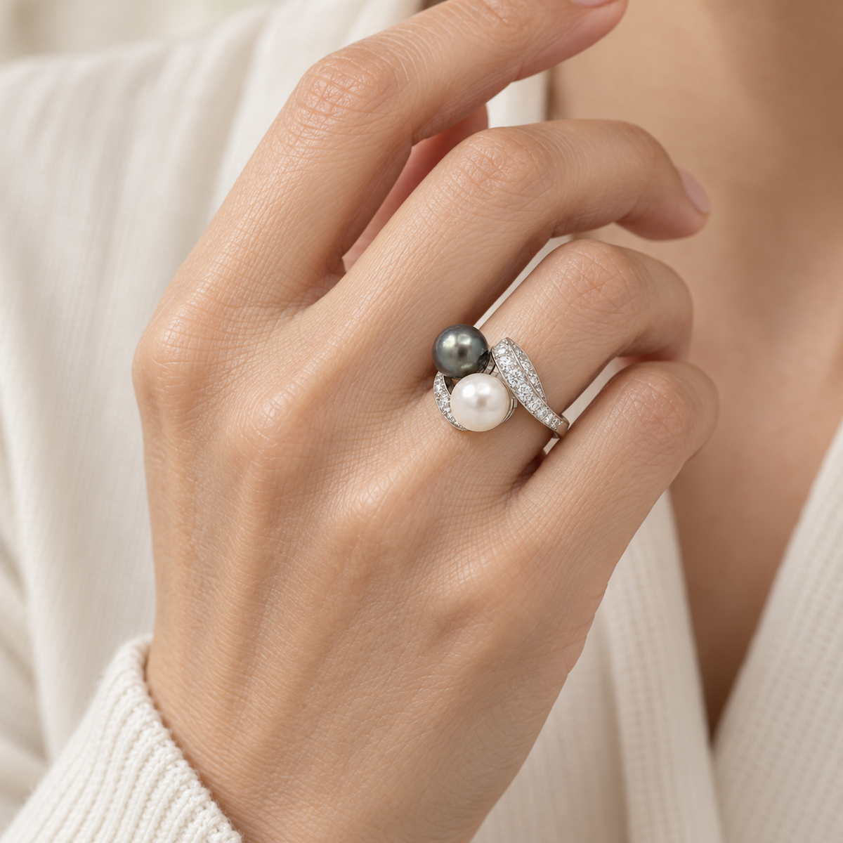 Bague Toi & Moi - Platine - Perles et Diamants