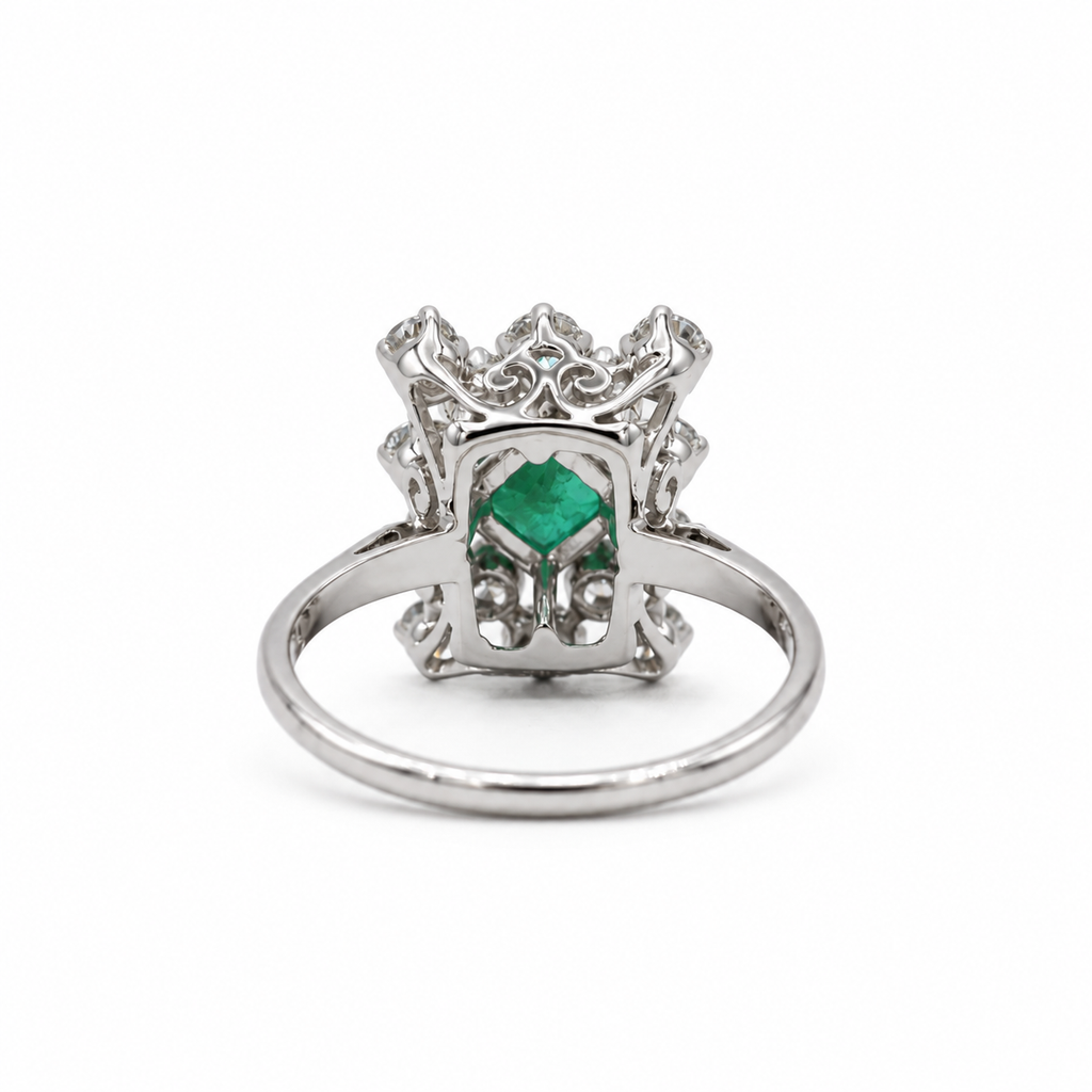 Bague Marguerite - Or blanc Emeraude et Diamants