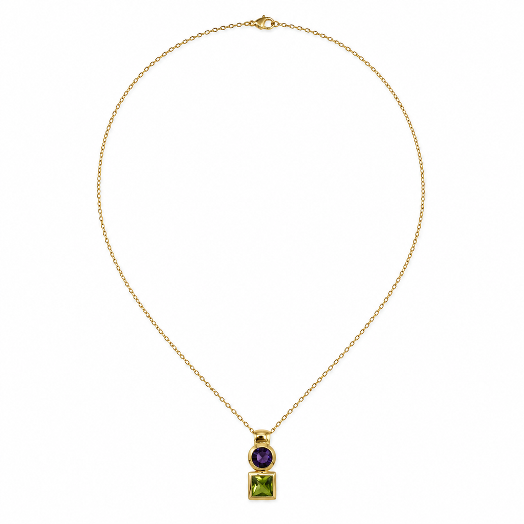 Collier Pendentif - Or Jaune - Améthyste et Péridot
