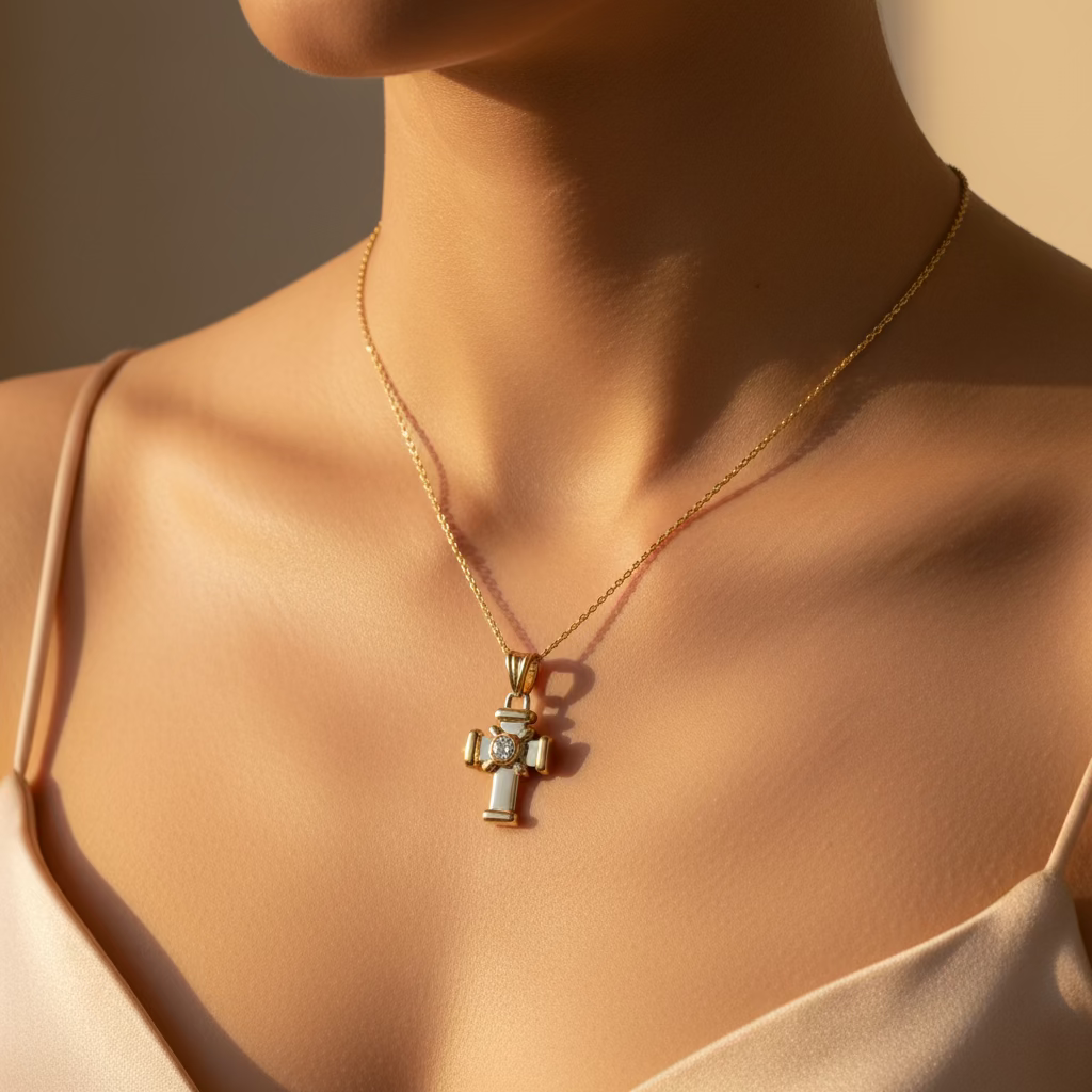 Pendentif Croix Or Jaune et Blanc - Diamant