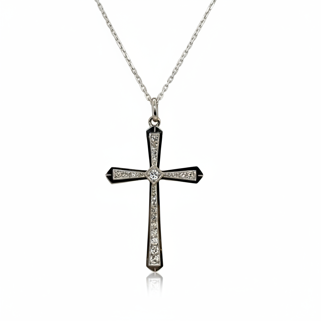 Art Déco -  Pendentif Croix or blanc et diamants