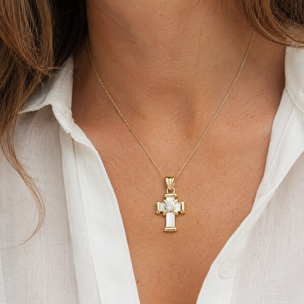 Pendentif Croix Or Jaune et Blanc - Diamant