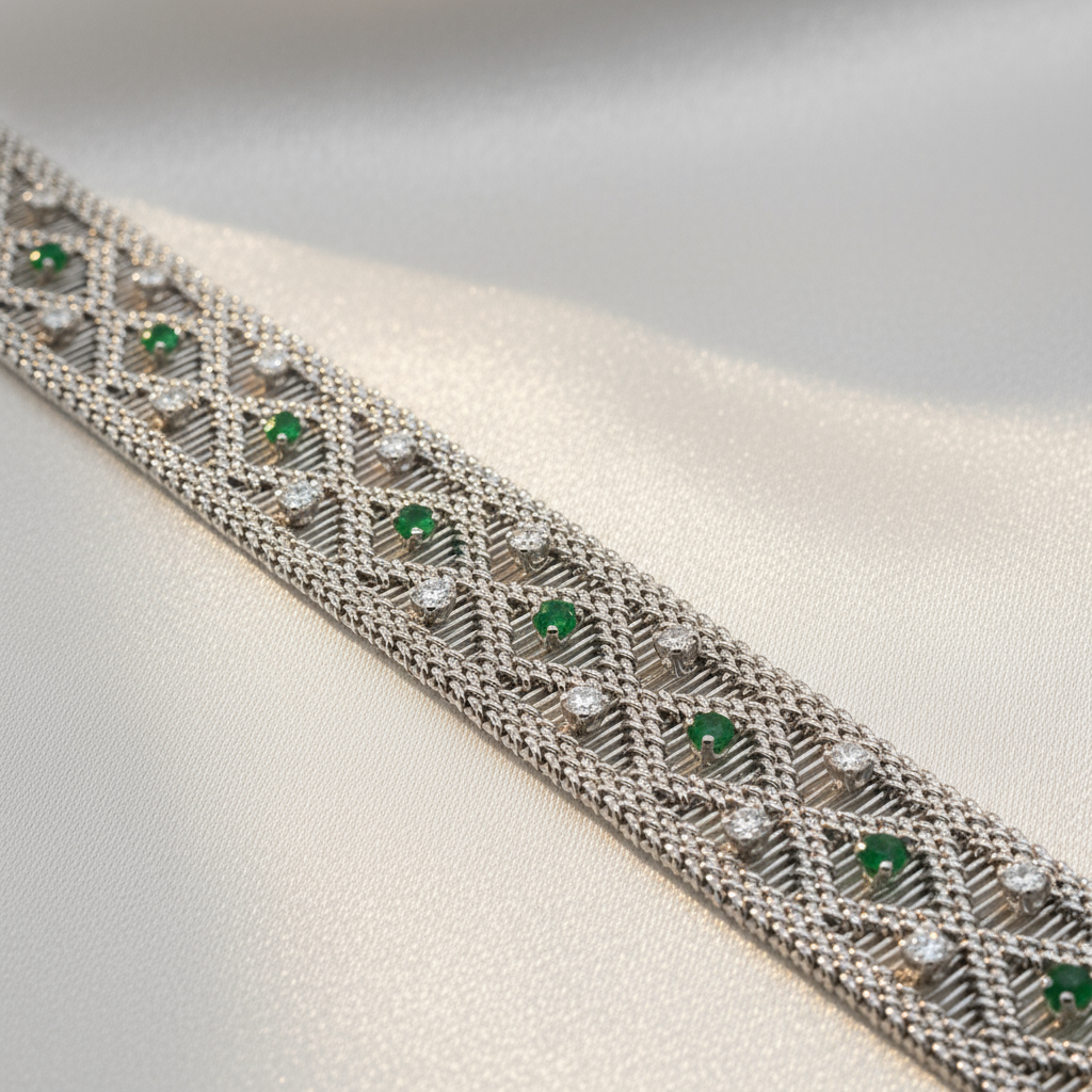 Vintage - Bracelet Or blanc - Diamants et Émeraudes