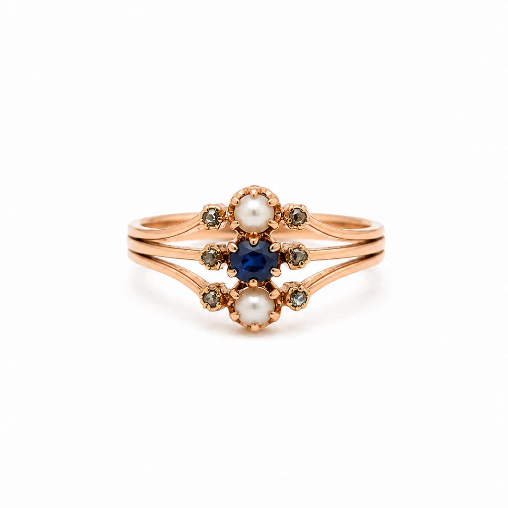 Bague Ancienne Or Rose - Saphir - Perles et diamants