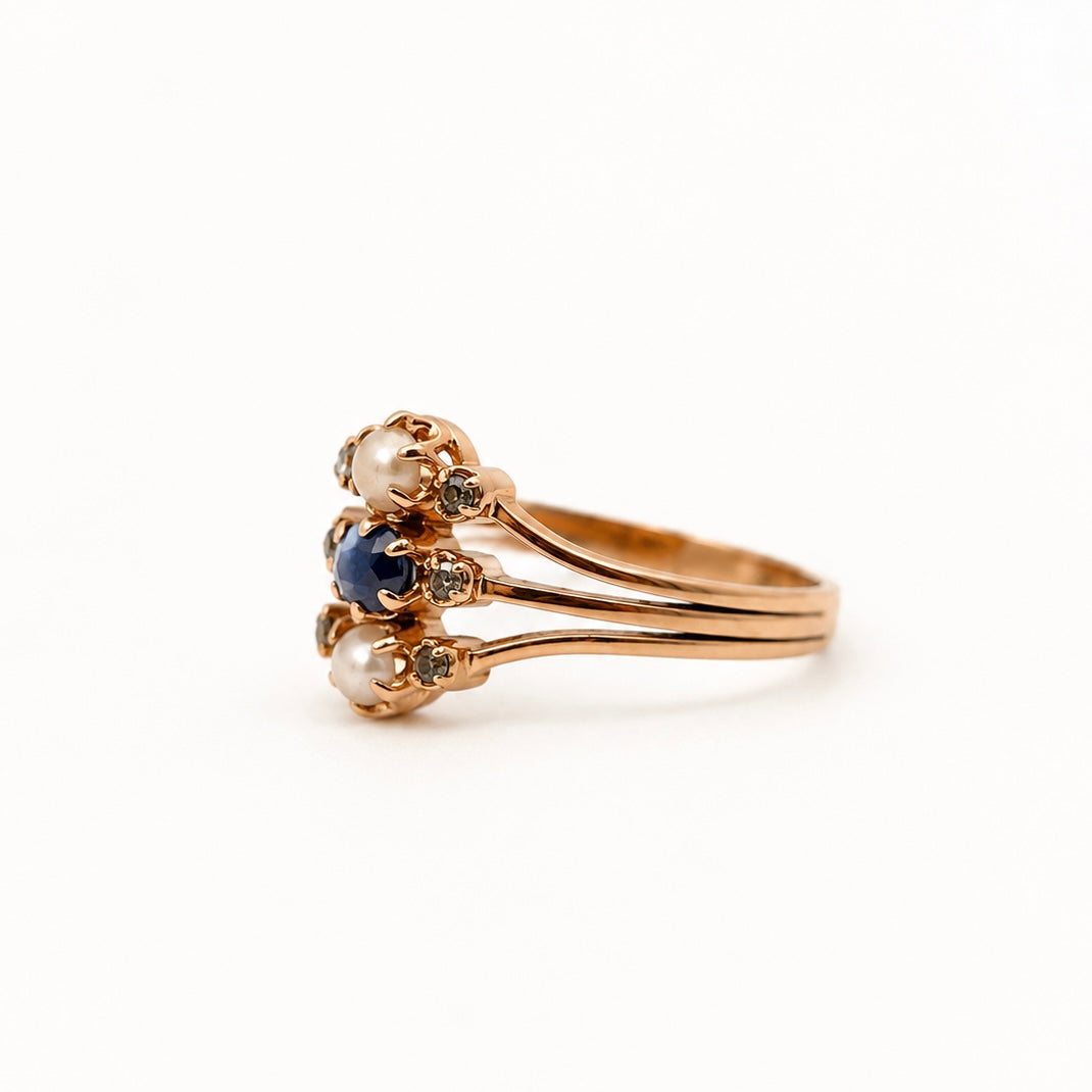 Bague Ancienne Or Rose - Saphir - Perles et diamants