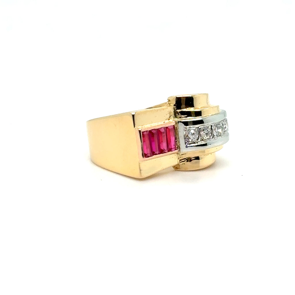 Art Déco - Bague Tank - Or jaune et Blanc - Rubis et Diamants