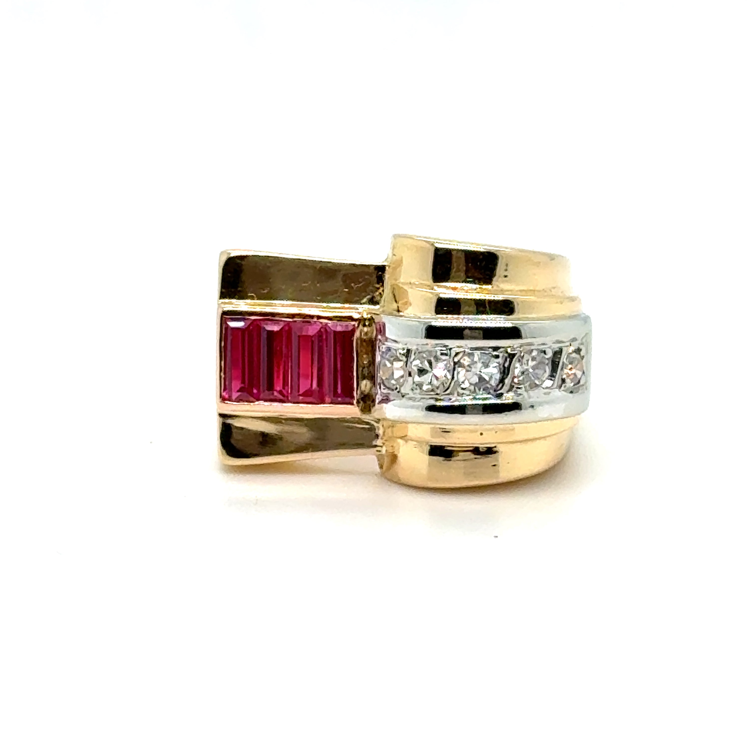 Art Déco - Bague Tank - Or jaune et Blanc - Rubis et Diamants