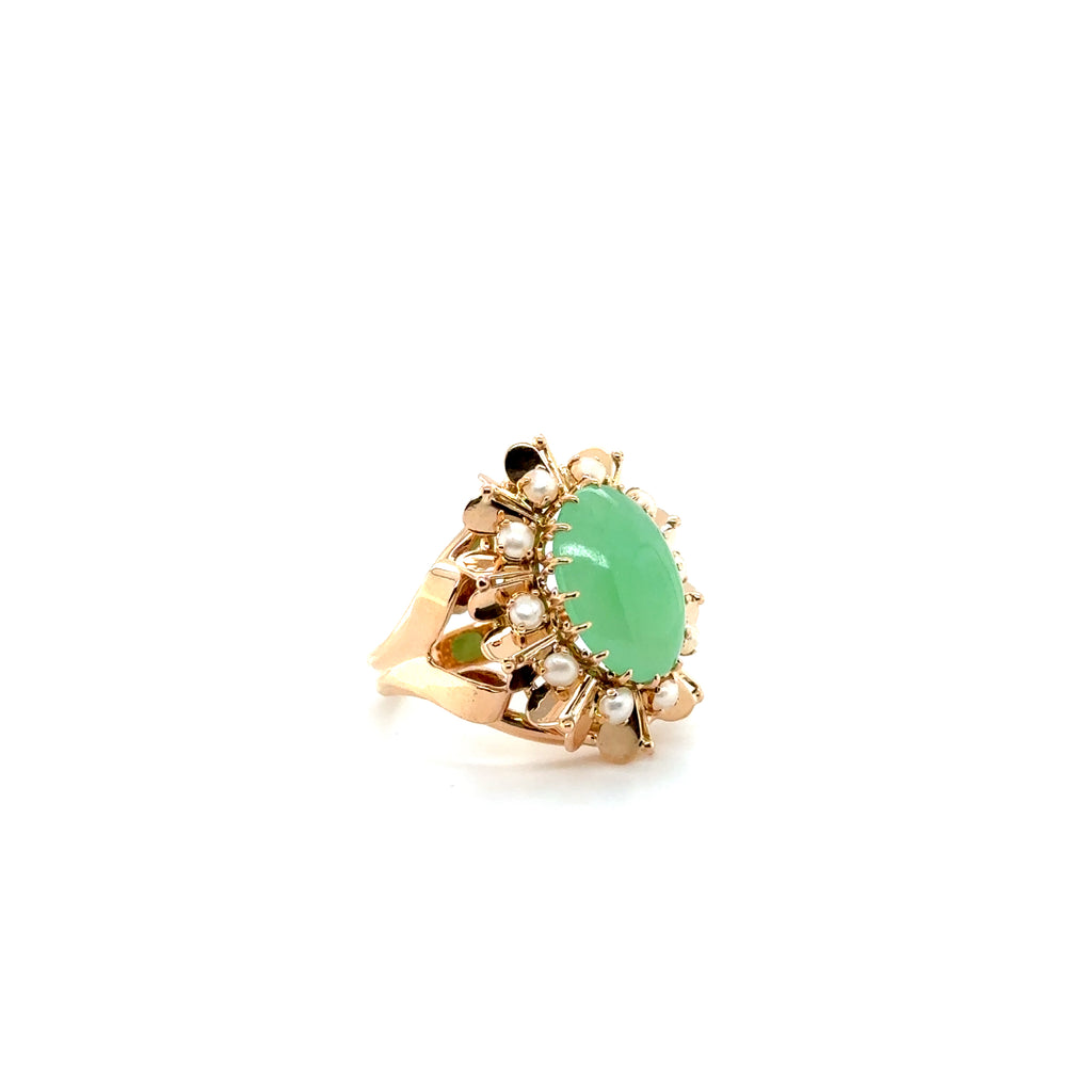 Bague Vintage - Or Rose - Cabochon Jade et perles de culture