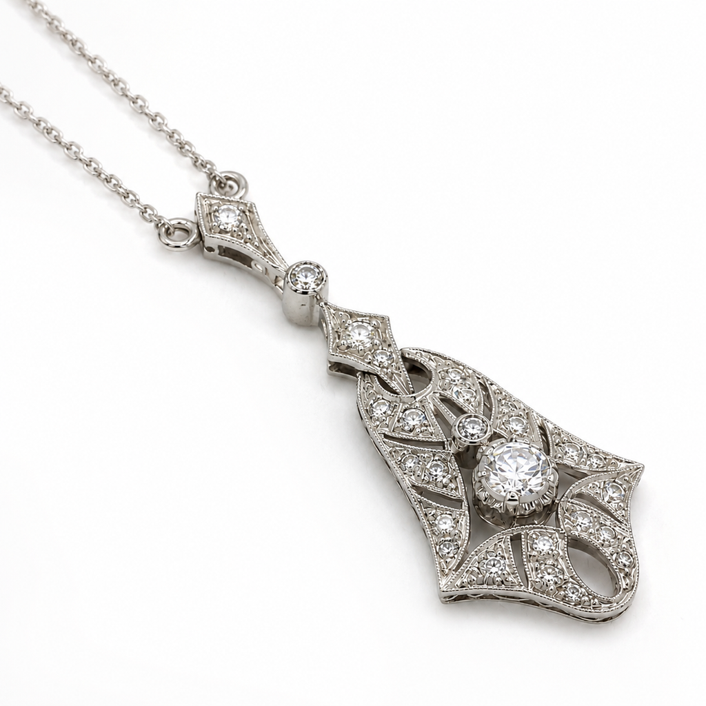 Art Déco - Collier Pendentif - Or blanc et Diamants