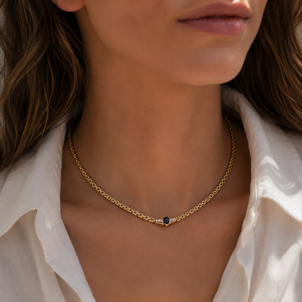 Collier - Or jaune - Saphir et diamants