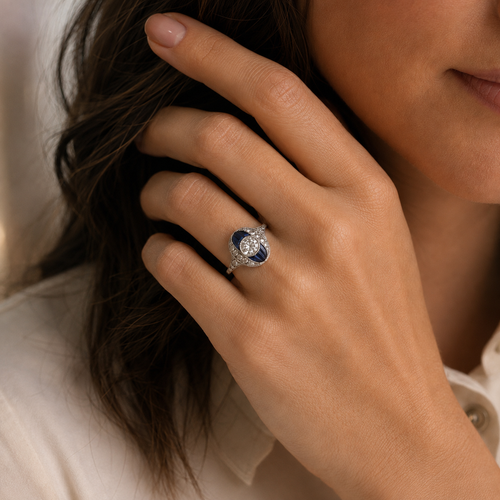 Art déco - Bague Or blanc et Platine - Saphirs et Diamants