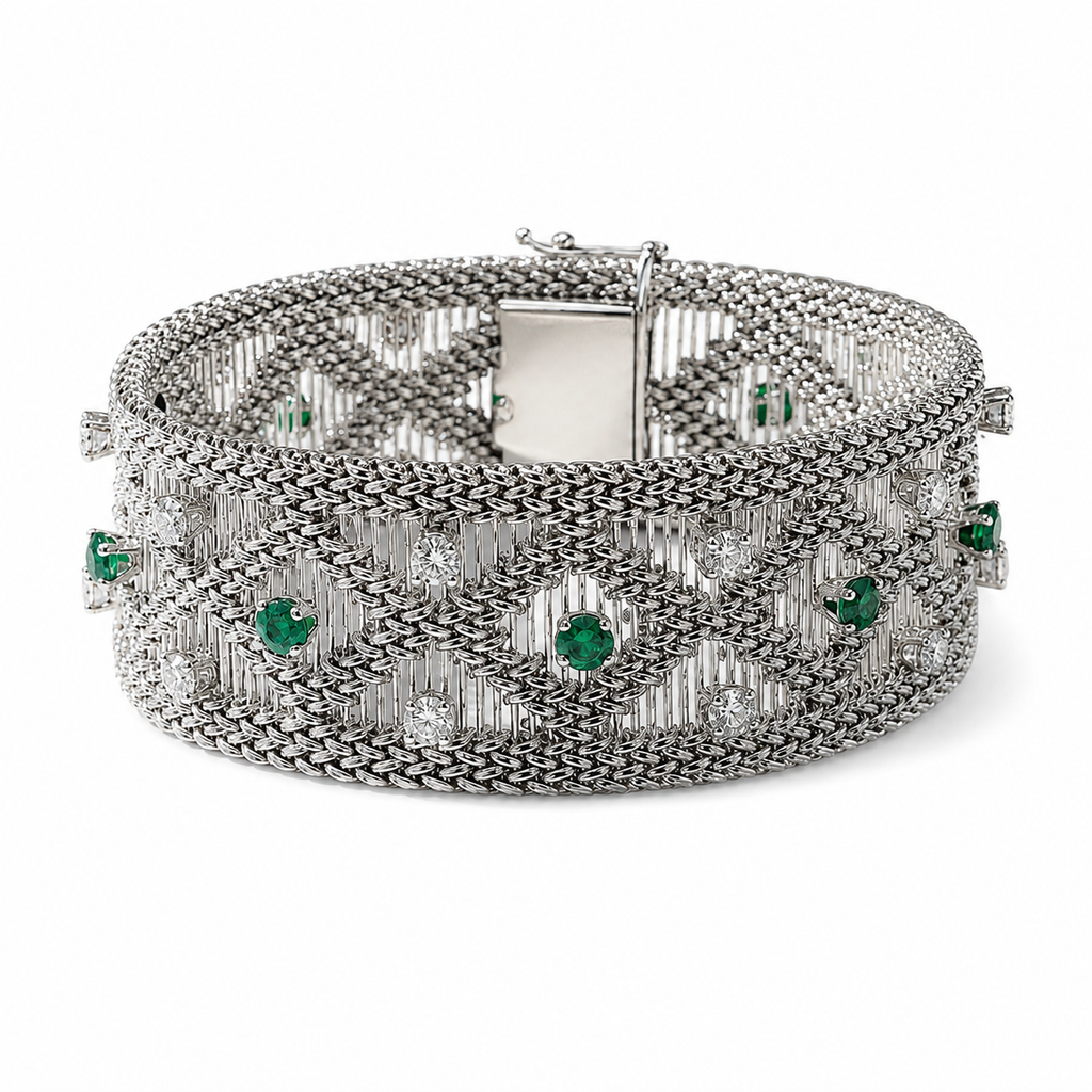 Vintage - Bracelet Or blanc - Diamants et Émeraudes