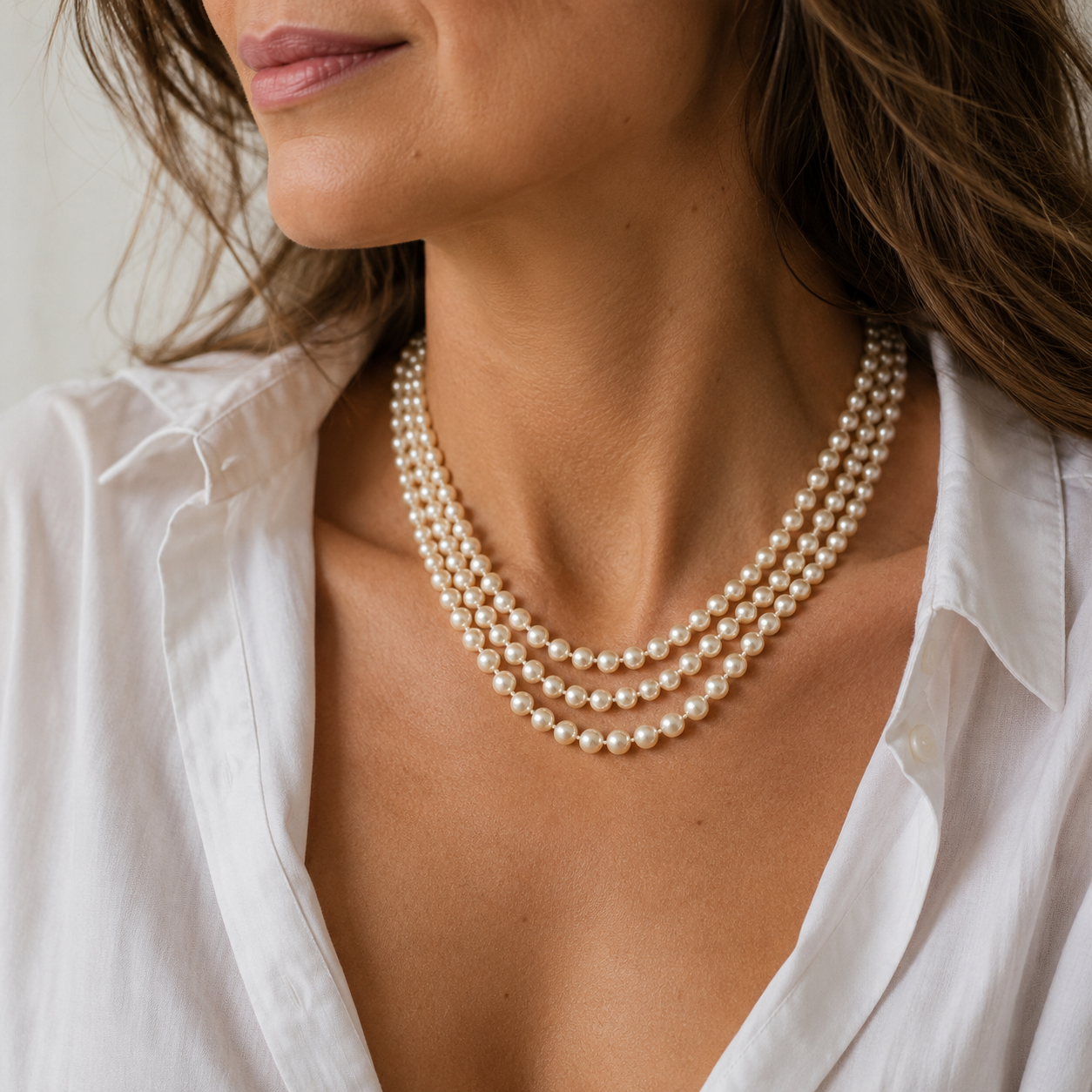 Cultured Pearl Necklace - 3 rows - White Gold Clasp