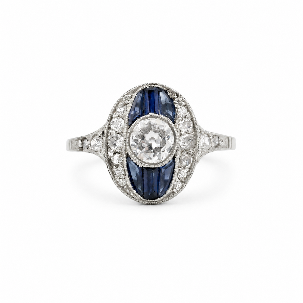 Art déco - Bague Or blanc et Platine - Saphirs et Diamants