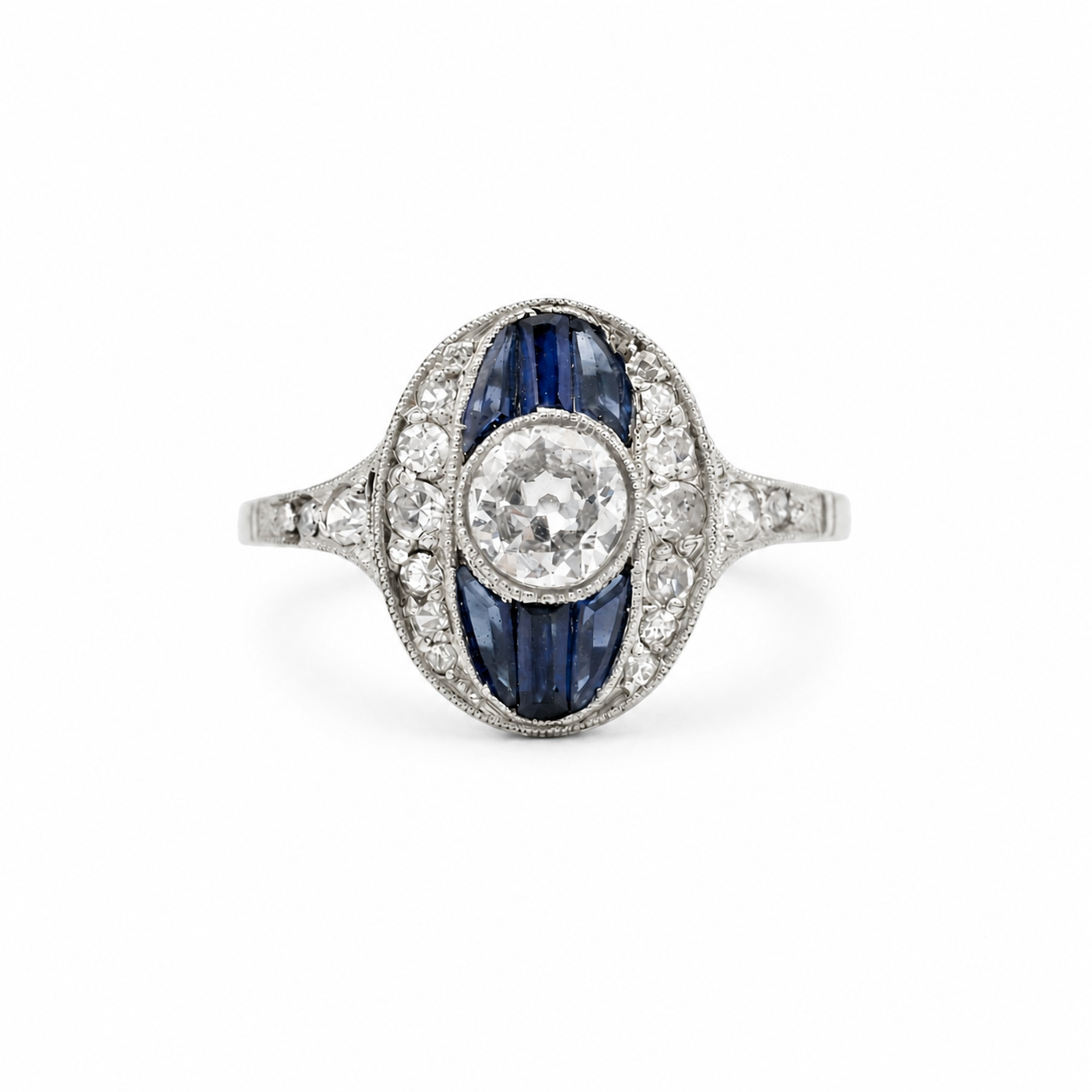 Art déco - Bague Or blanc et Platine - Saphirs et Diamants
