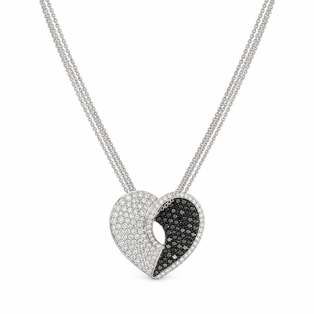 Collier Pendentif Or blanc  Diamants noirs et blancs
