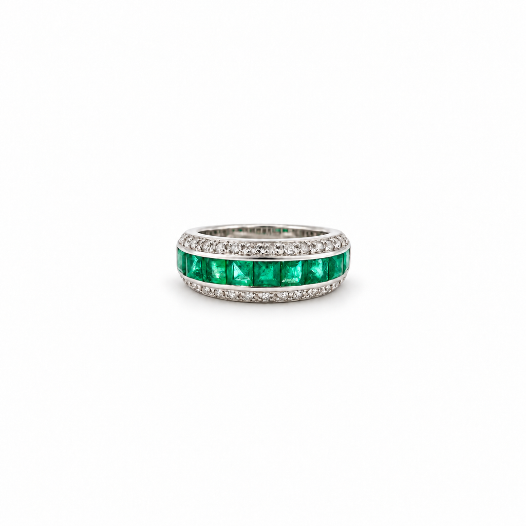 Bague bandeau - Emeraudes et diamants