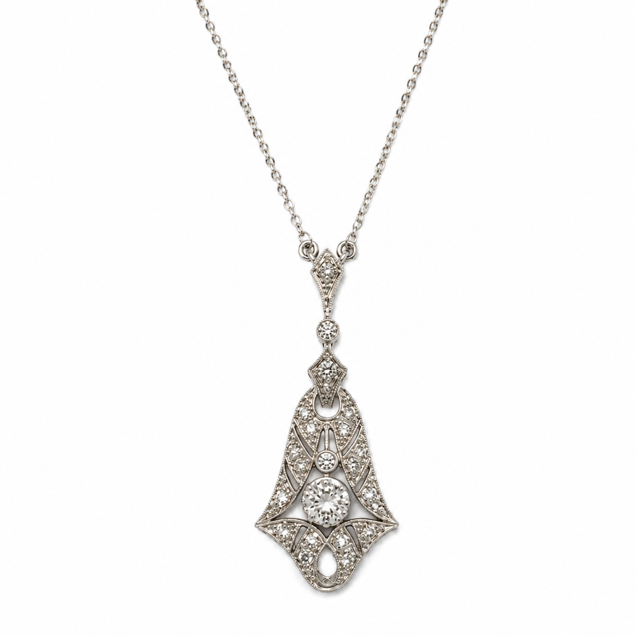 Art Déco - Collier Pendentif - Or blanc et Diamants