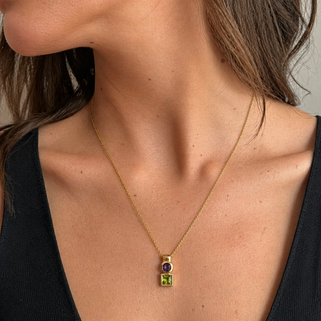Collier Pendentif - Or Jaune - Améthyste et Péridot