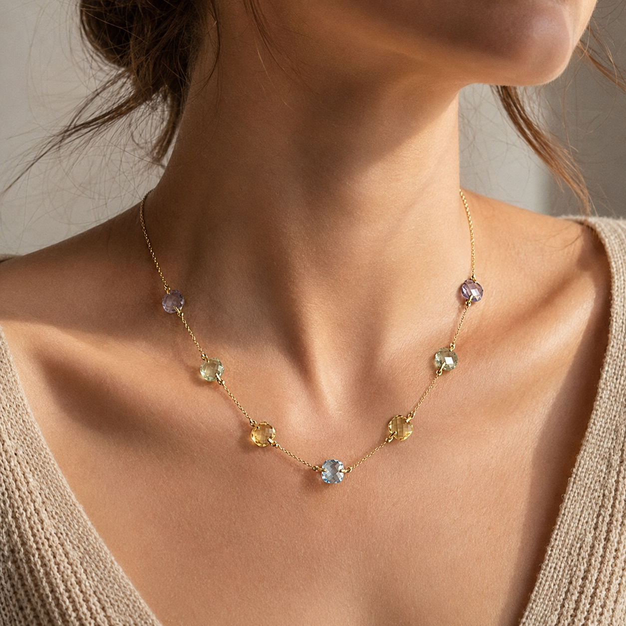 Collier Or Jaune - Améthyste - Aiguë Marine - Citrine
