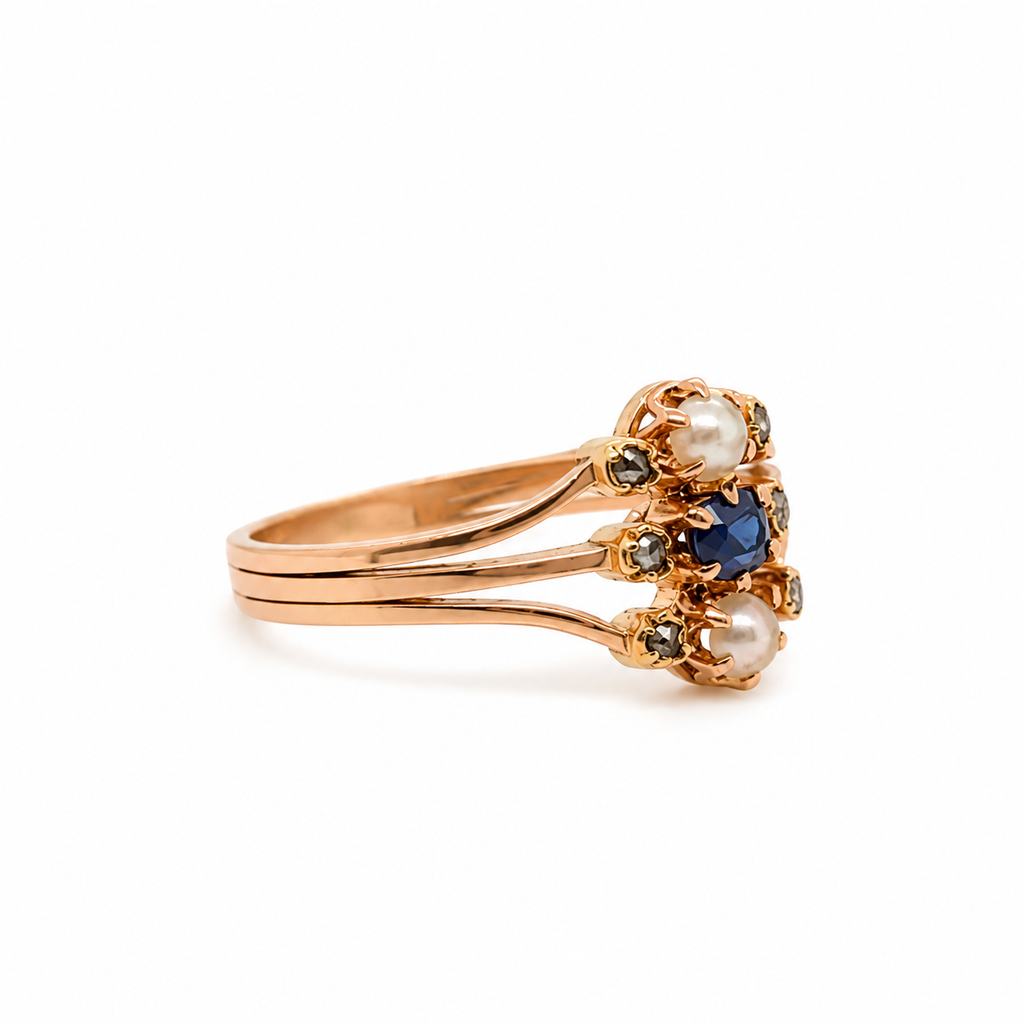 Bague Ancienne Or Rose - Saphir - Perles et diamants