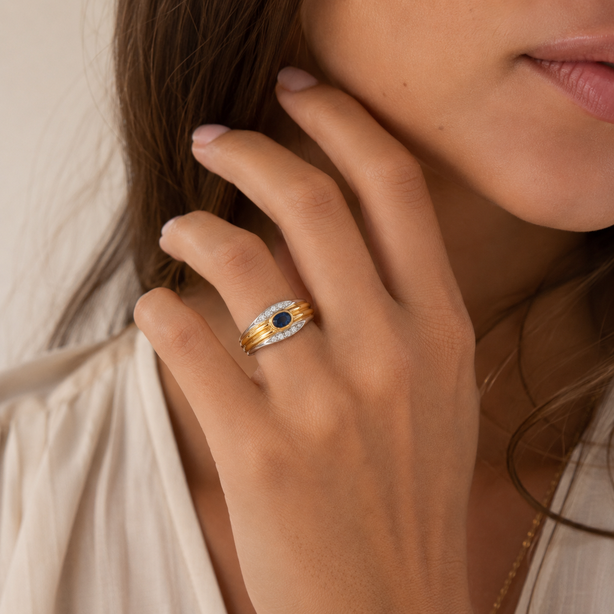 Two Gold Ring - Sapphire and Diamonds