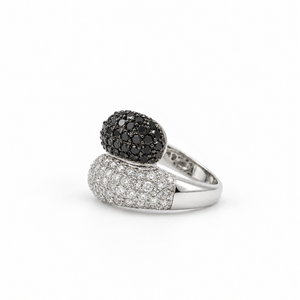 White gold ring with white and black diamonds