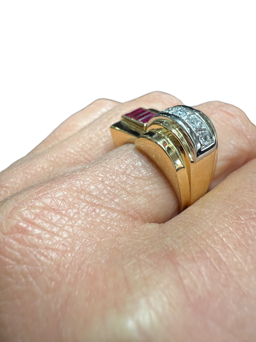 Art Déco - Bague Tank - Or jaune et Blanc - Rubis et Diamants