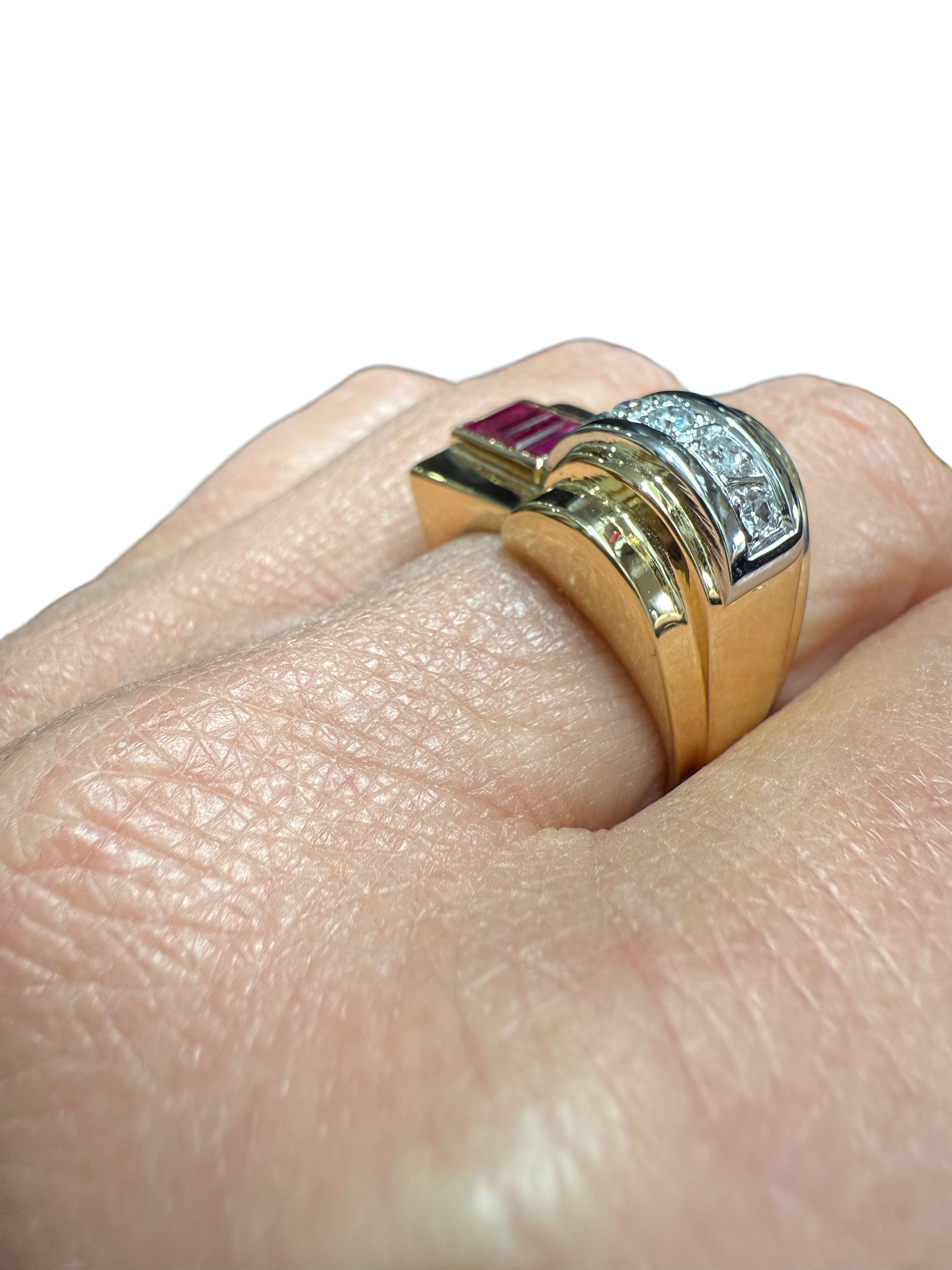 Art Déco - Bague Tank - Or jaune et Blanc - Rubis et Diamants