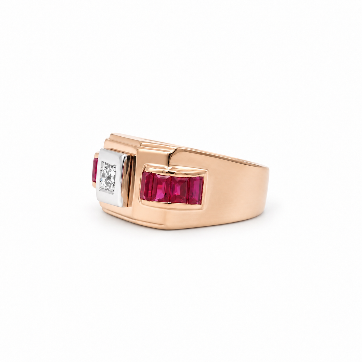 Bague Tank - Or Rosé - Rubis calibrés et Diamants