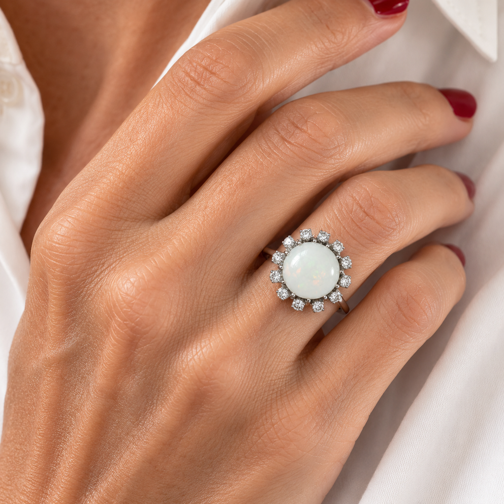 Bague or blanc Opale blanche - Diamants