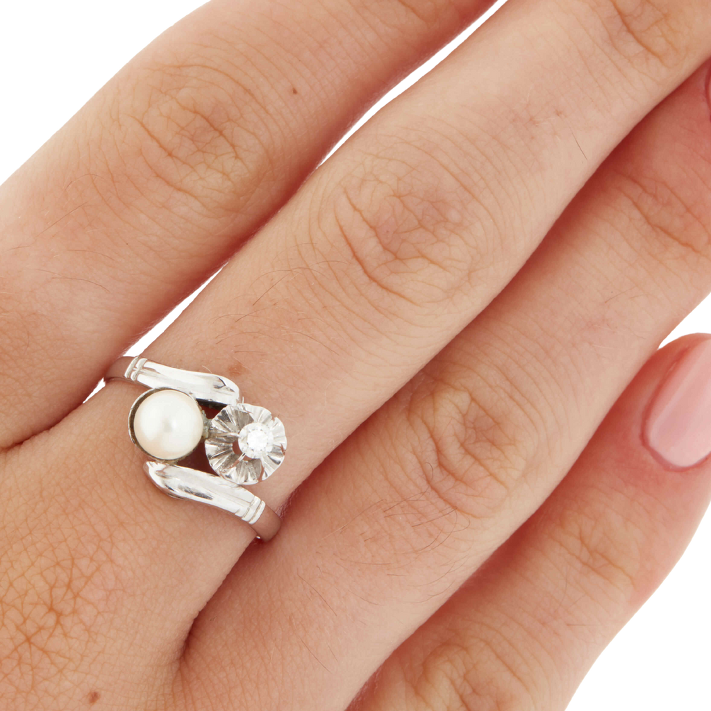 Bague Or Blanc - Perle de culture et Diamant