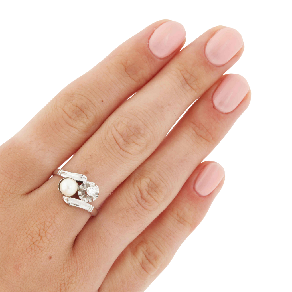 Bague Or Blanc - Perle de culture et Diamant