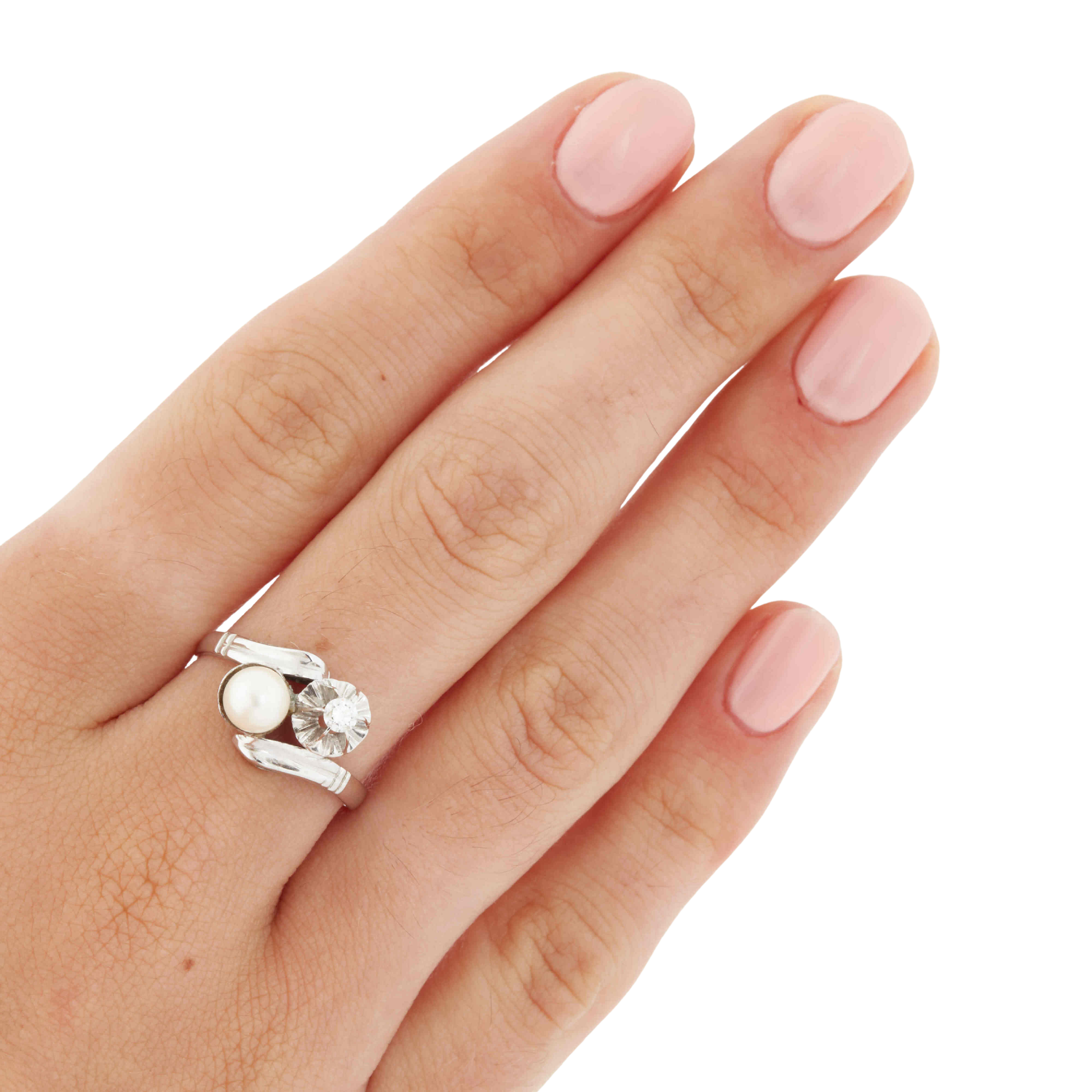 Bague Or Blanc - Perle de culture et Diamant