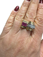 Art Déco - Bague Tank - Or jaune et Blanc - Rubis et Diamants