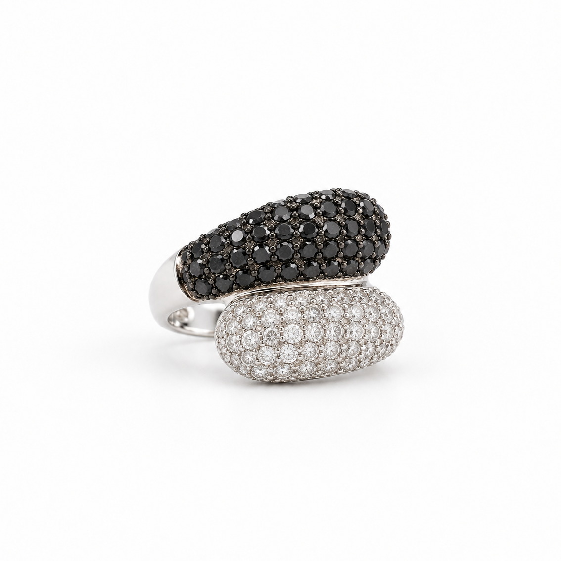 White gold ring with white and black diamonds