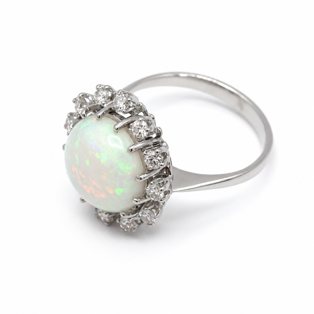 Bague or blanc Opale blanche - Diamants