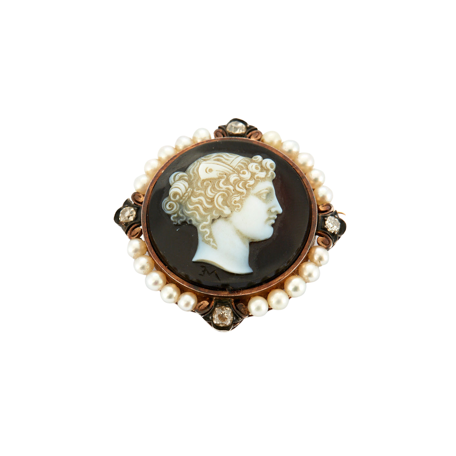 Broche Ancienne camée porte souvenir en or jaune et perles