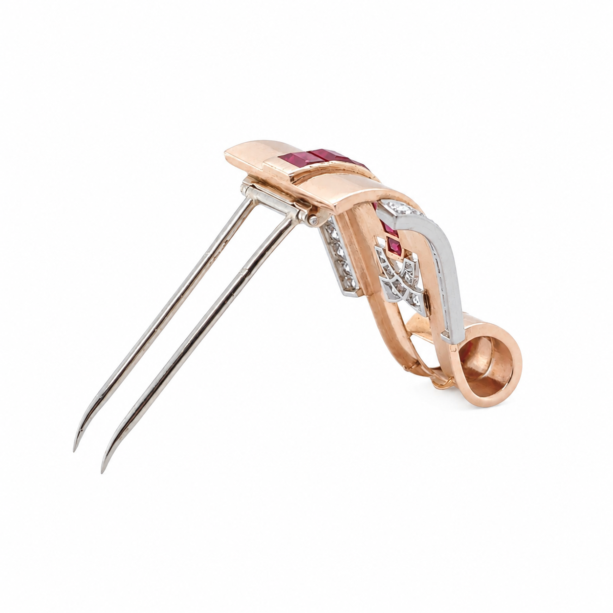 Rose gold brooch - Diamonds and rubies - 1940s