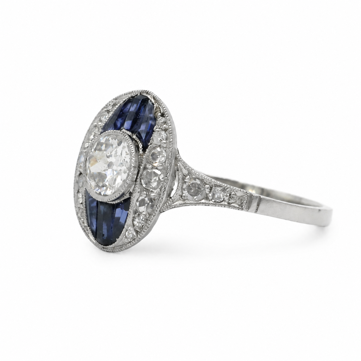 Art déco - Bague Or blanc et Platine - Saphirs et Diamants