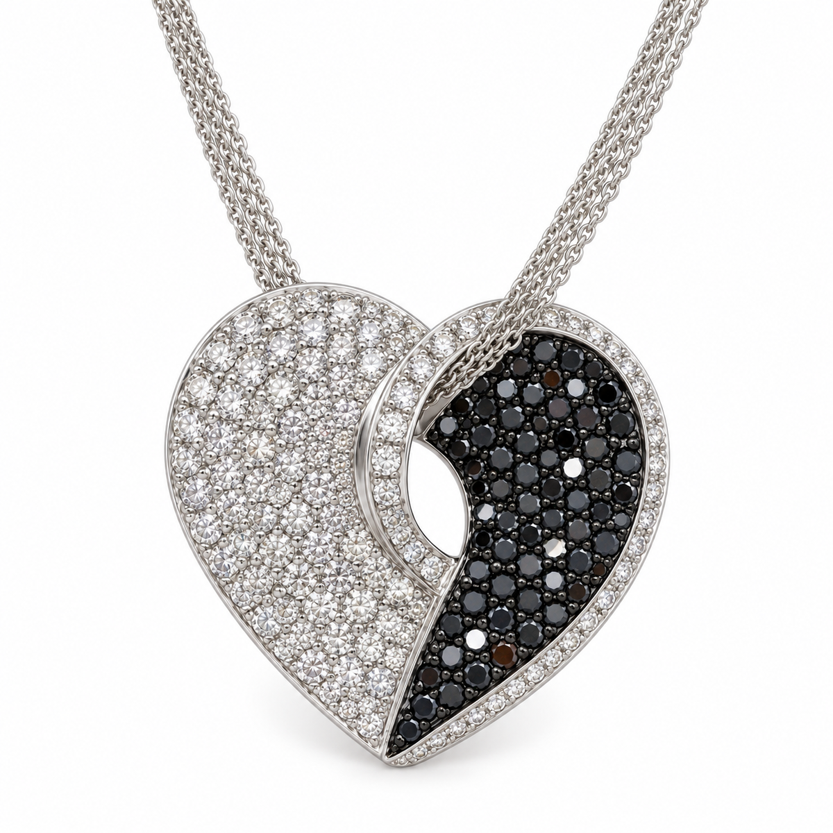 Collier Pendentif Or blanc  Diamants noirs et blancs