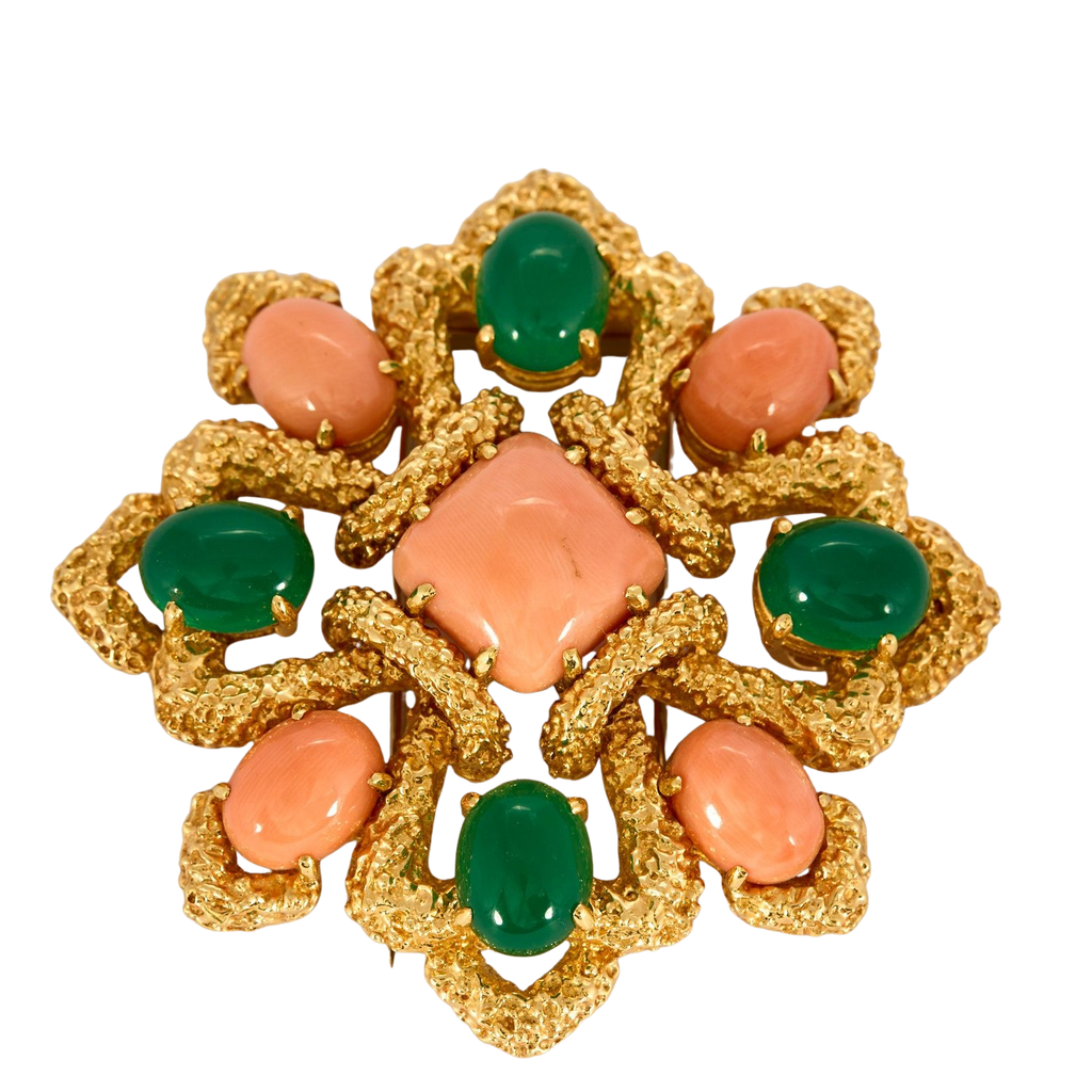 VAN CLEEF AND ARPELS - Delphes - Broche pendentif or jaune, corail et chrysoprase