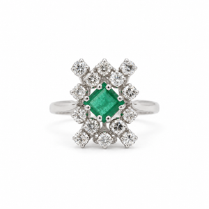 Bague Marguerite - Or blanc Emeraude et Diamants