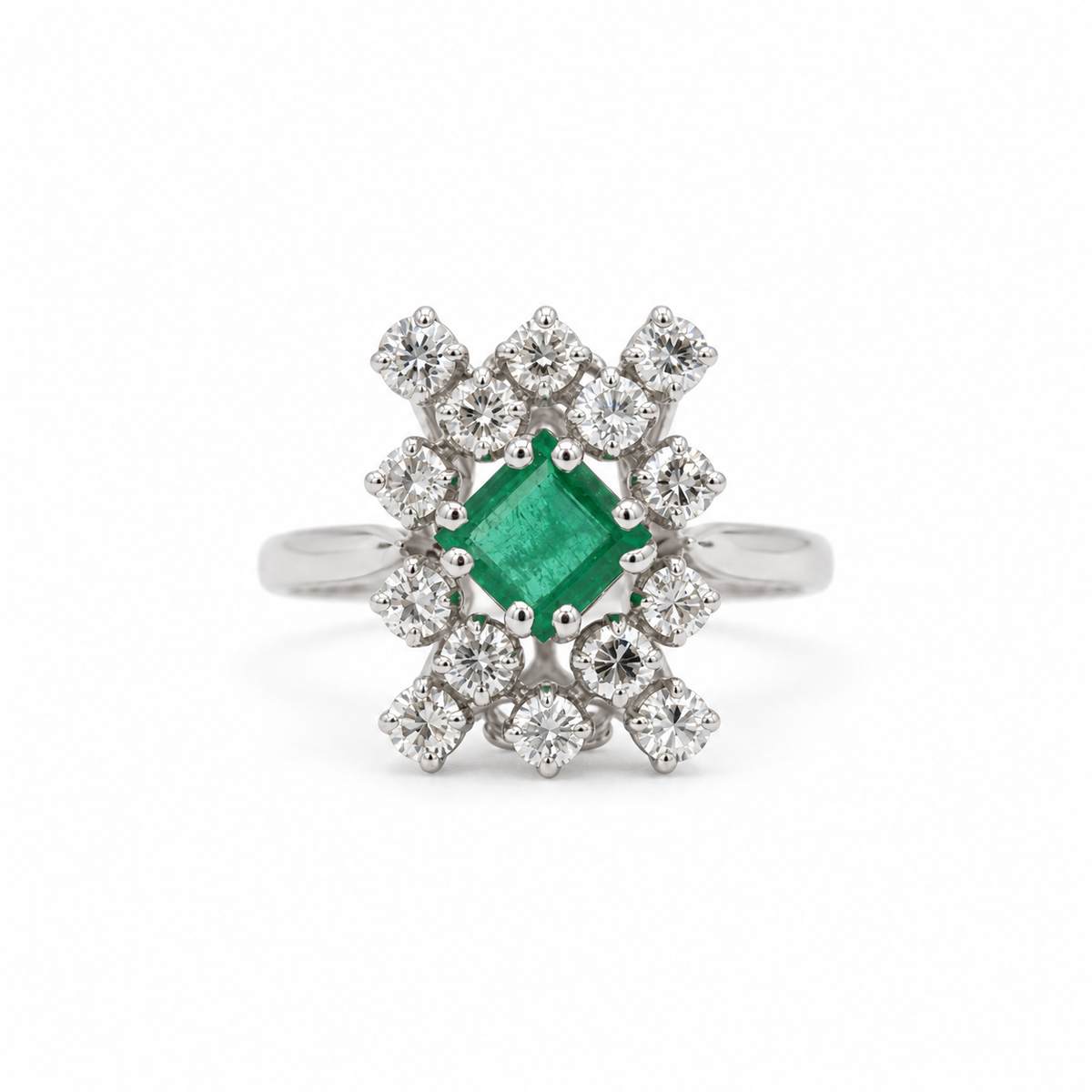 Bague Marguerite - Or blanc Emeraude et Diamants