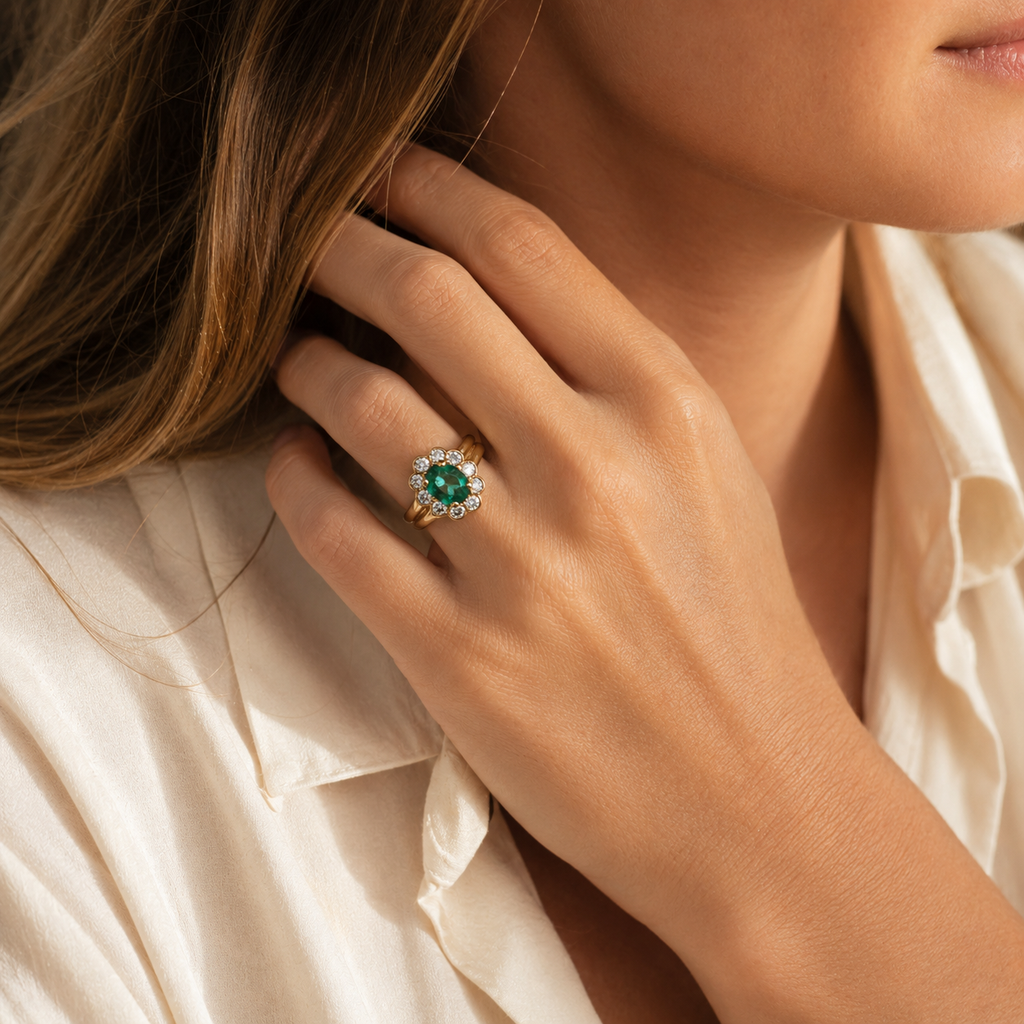 Bague Marguerite - Or jaune - Emeraude et Diamants