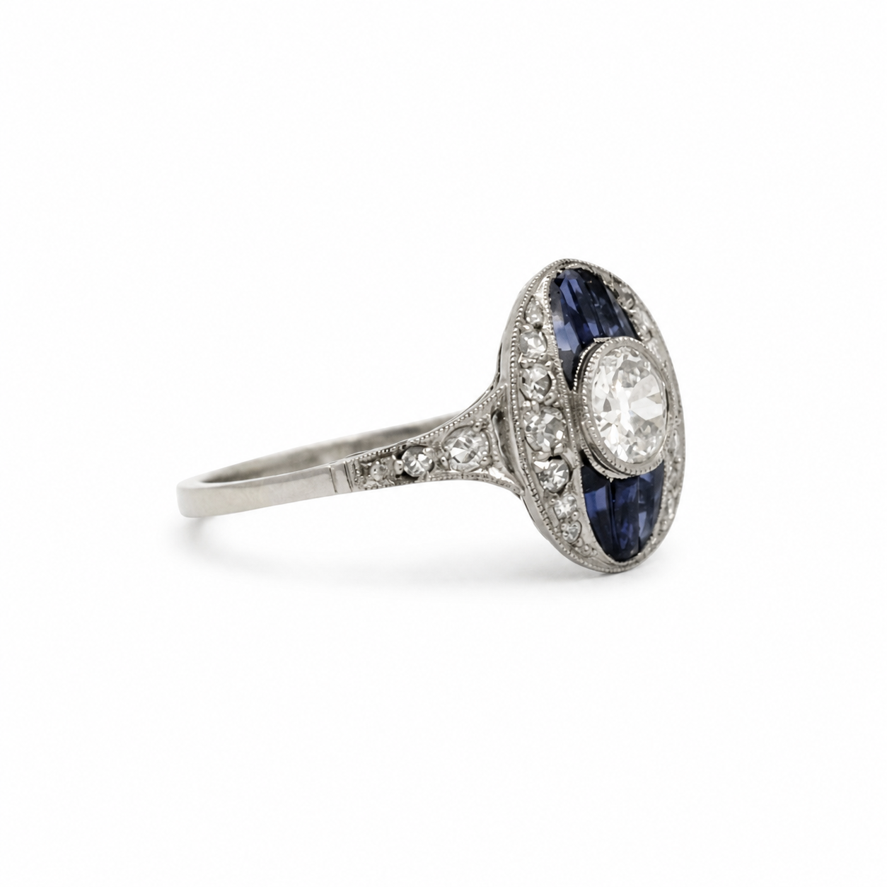 Art déco - Bague Or blanc et Platine - Saphirs et Diamants